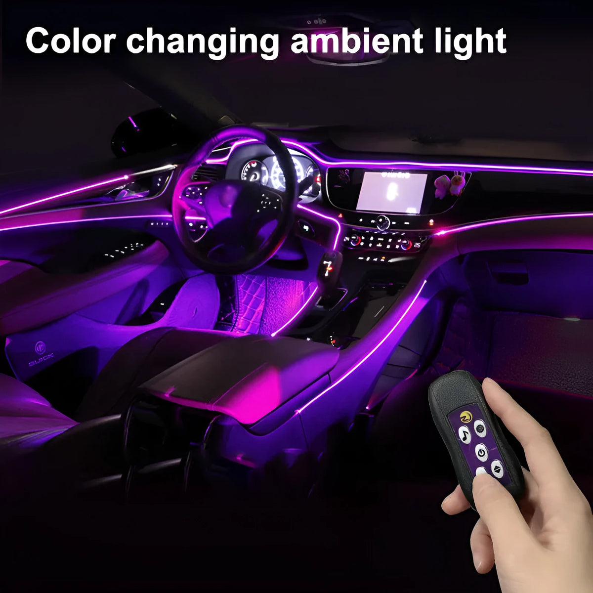 Car USB LED atmosphere lamp showing colour-changing strip installed on dashboard
