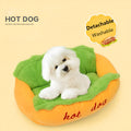 Hot dog pet bed with removable mat in flannelette fabric with jean cloth sides