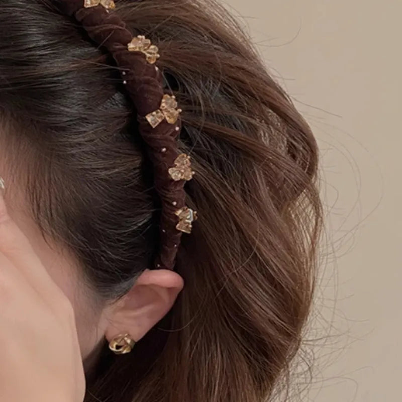 French velvet hairband with hand-beaded crystal decoration in wine red colour