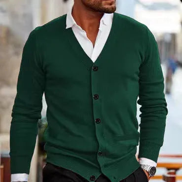Men's slim fit acrylic cardigan sweater in autumn colours on hanger