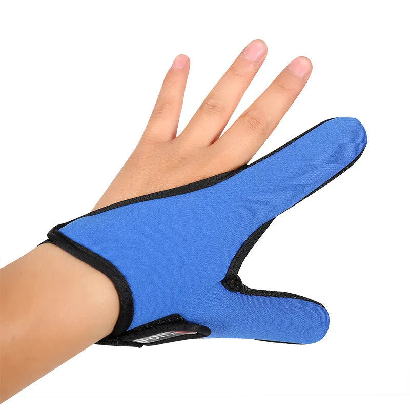 A single two-finger fishing glove showing the blue diving cloth back and light grey microfibre palm.
