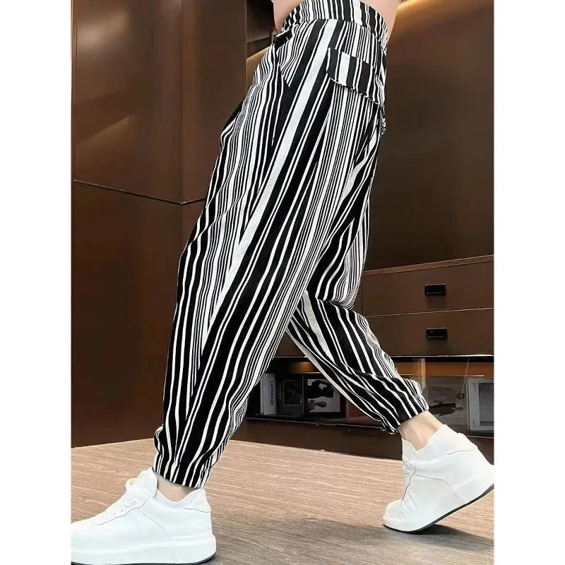Men's ankle-tied Harlan casual thin cropped ice silk trousers in white or dark grey with striped pattern, sizes M-3XL