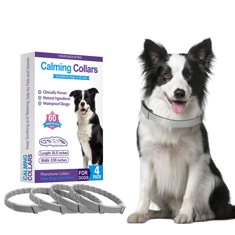 Four dog anxiety relief collars with Chinese monochrome pattern in various colours