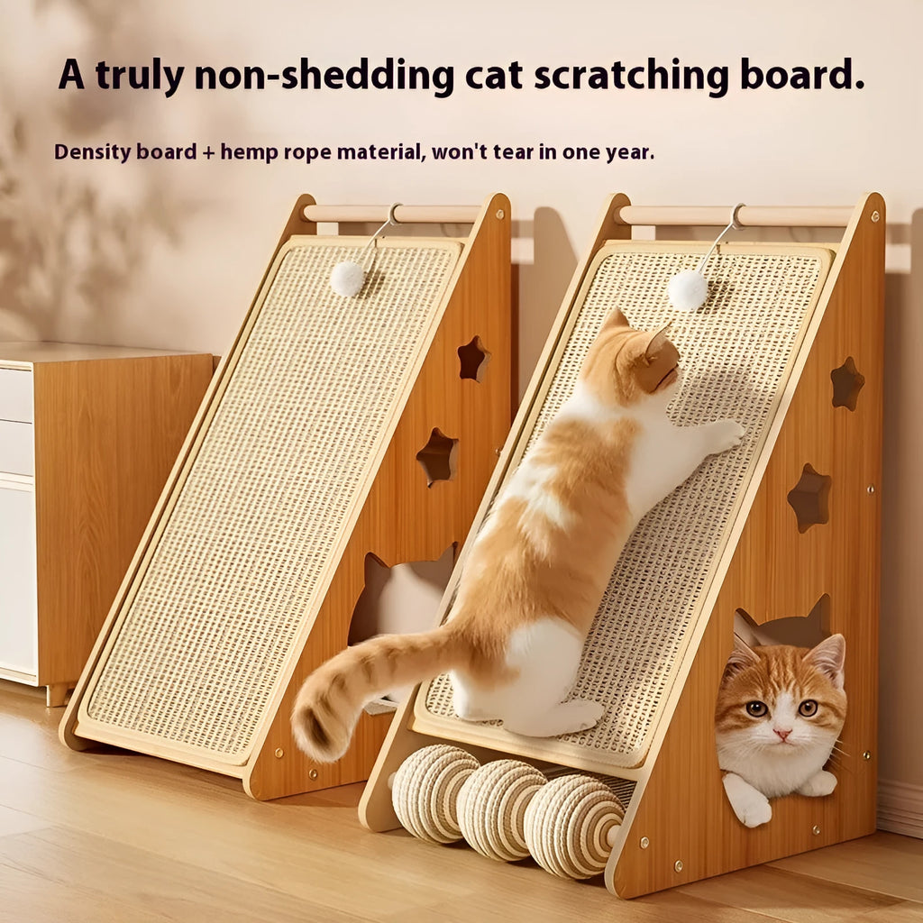 Vertical wall-mounted cat scratch board with hemp rope and attached teasing ball
