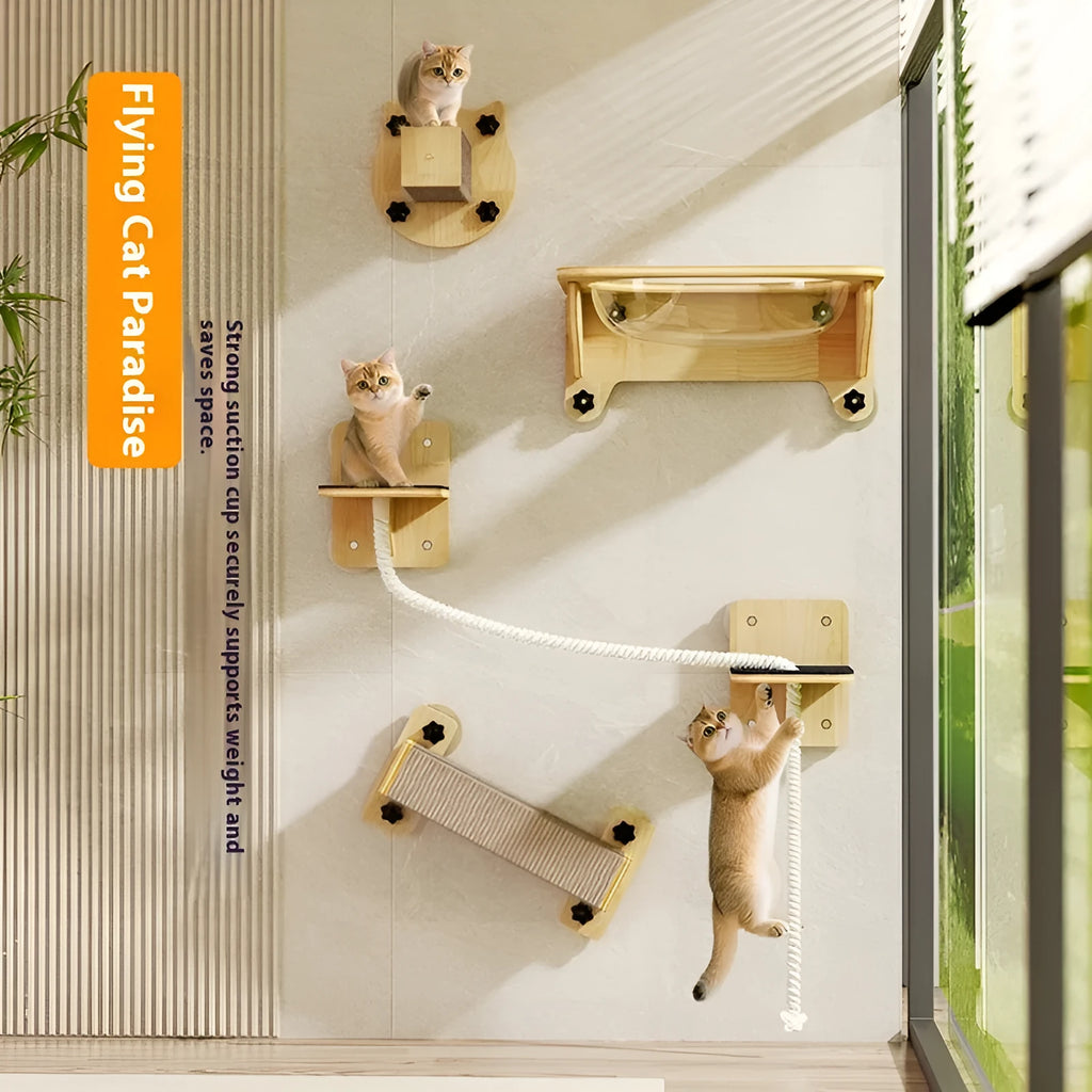 Space capsule shaped cat scratching post with sisal rope, mounted on a wall with a suction cup.