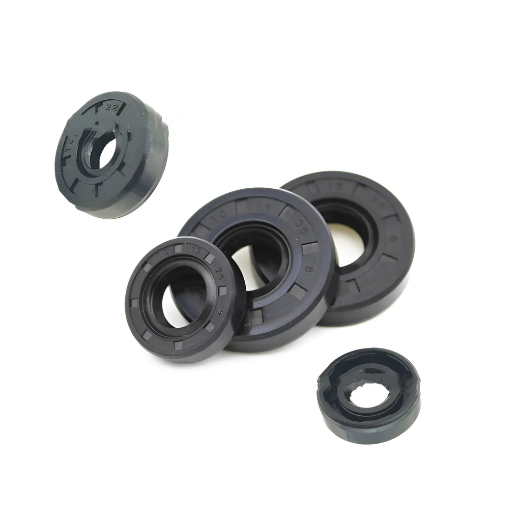 AG100 motorcycle engine oil seal kit with carbon steel frames and rubber sealing elements in multiple sizes