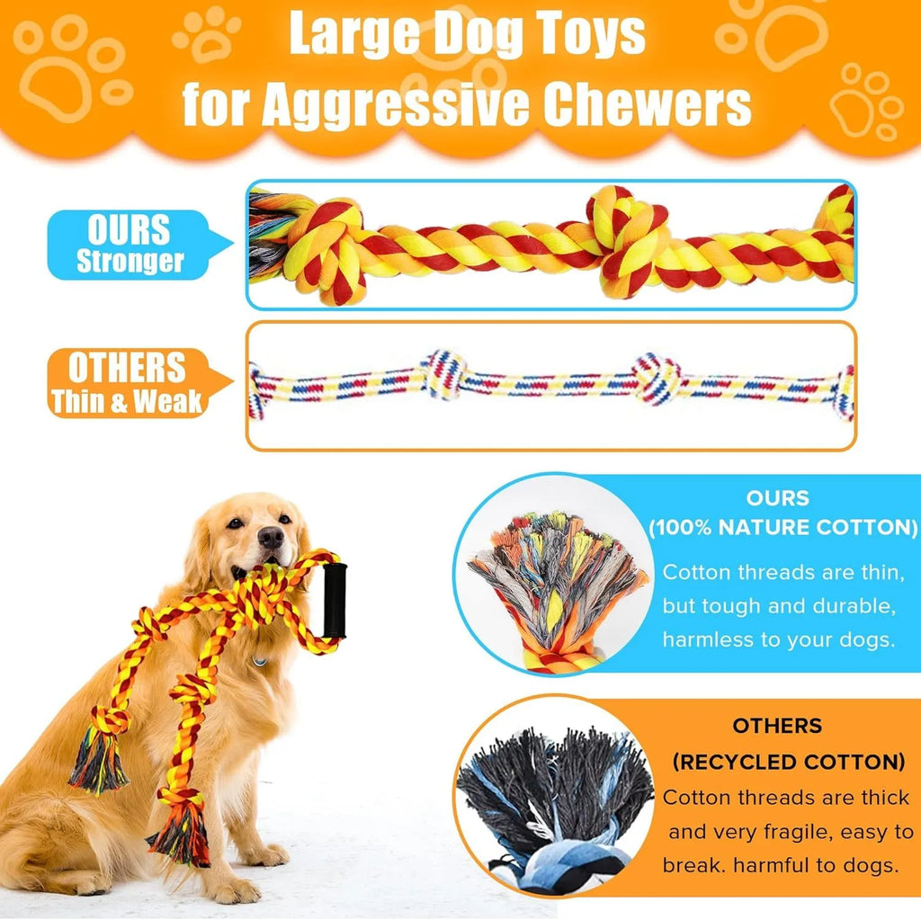 Blue and yellow cotton rope tug toy for large dogs with an ergonomic handle