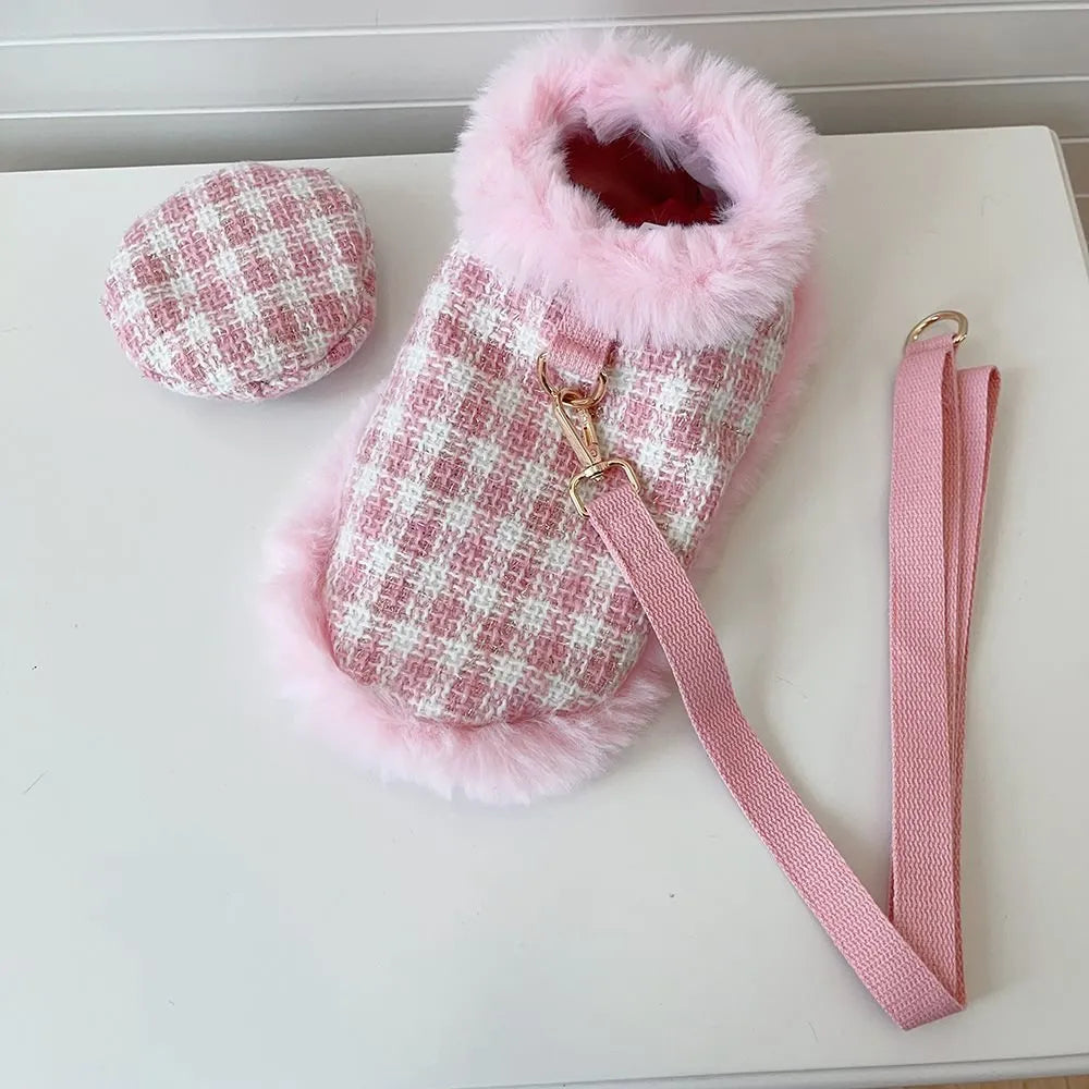 Pink polyester cat clothing set with cloak, beret and drawstring on small cat