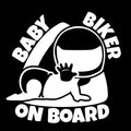 Reflective black and white BABY ON BOARD warning car sticker showing dimensions