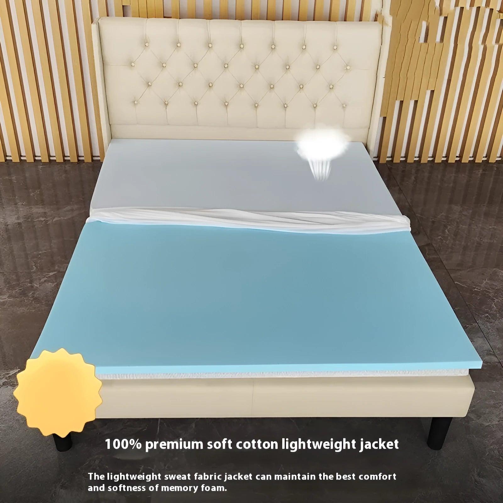 Gel memory cotton tatami mattress on floor showing thin profile with artificial latex core