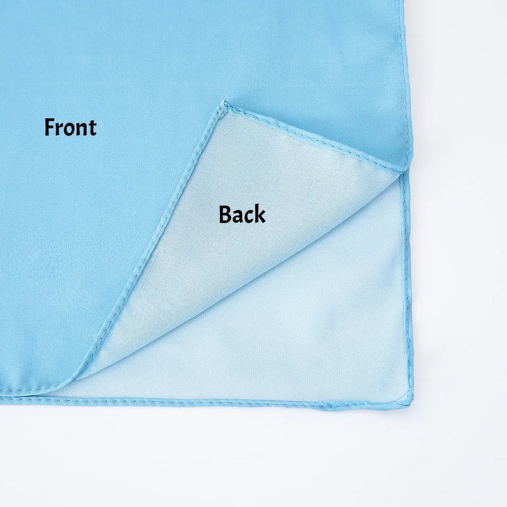 Long light blue chiffon scarf draped showing its 175cm length and 70cm width.