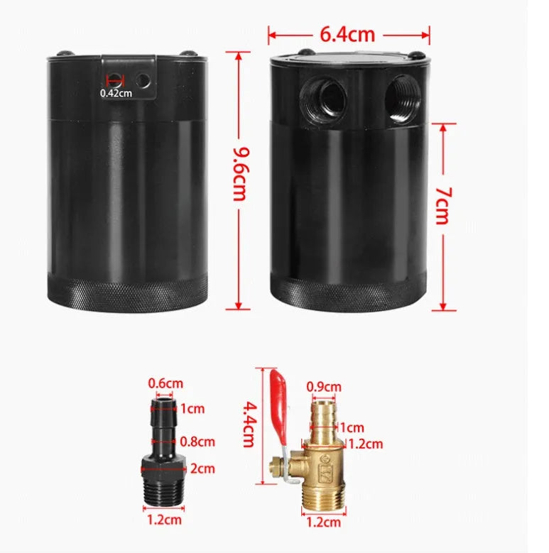 Aluminium automotive oil breather pot with two mounting holes in black and silver colour options