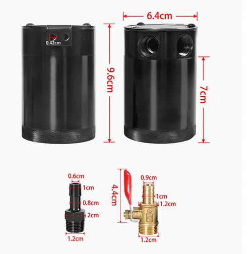 Aluminium automotive oil breather pot with two mounting holes in black and silver colour options