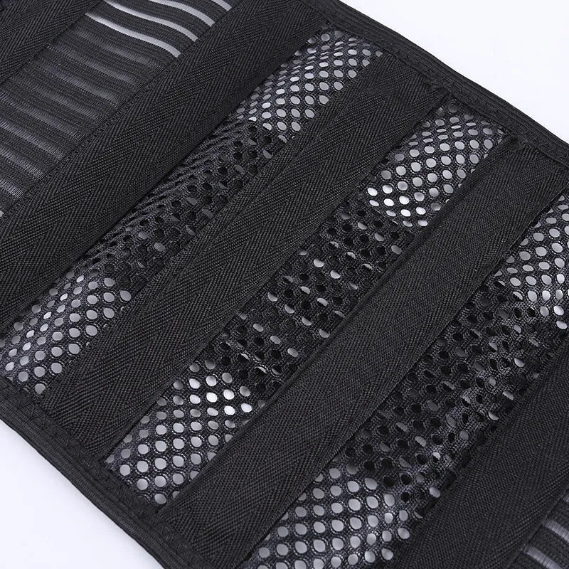 Black sports waist support belt with steel plate for lumbar protection during fitness activities
