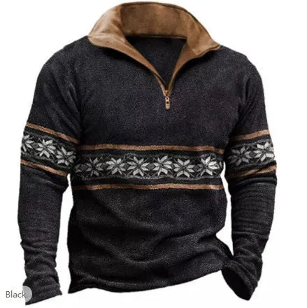 Man wearing a long sleeve retro stripe print golf top with zip details on a loose fit.