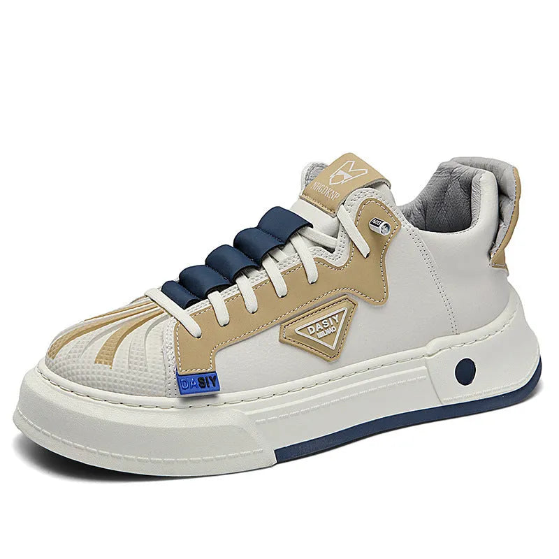 Men's beige casual low-top sneakers with elastic band and leather stitch detail on microfiber upper.
