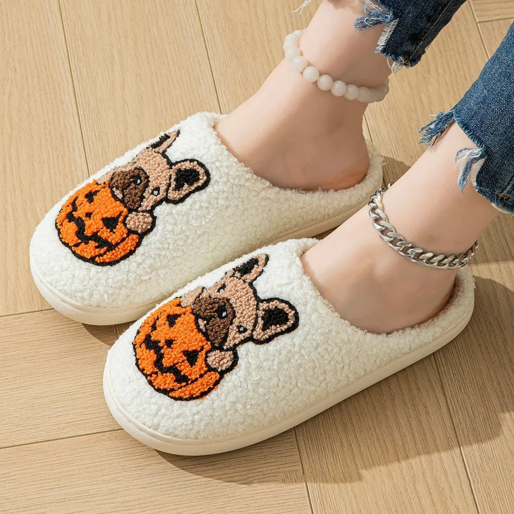 Black and white Halloween pumpkin slippers with plush cotton upper and non-slip rubber soles
