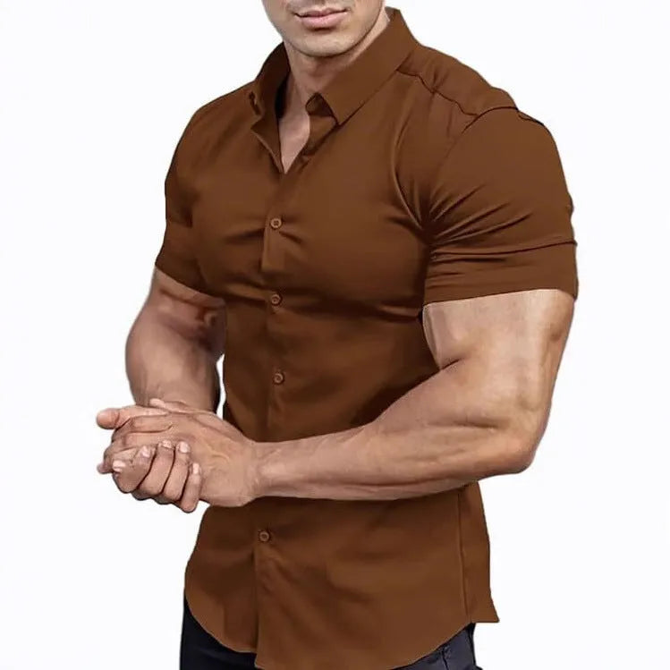 Men's short sleeve casual printed shirt with a shirt collar, shown in a brown colour.