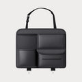 Black leather hanging storage bag for the back of a car seat