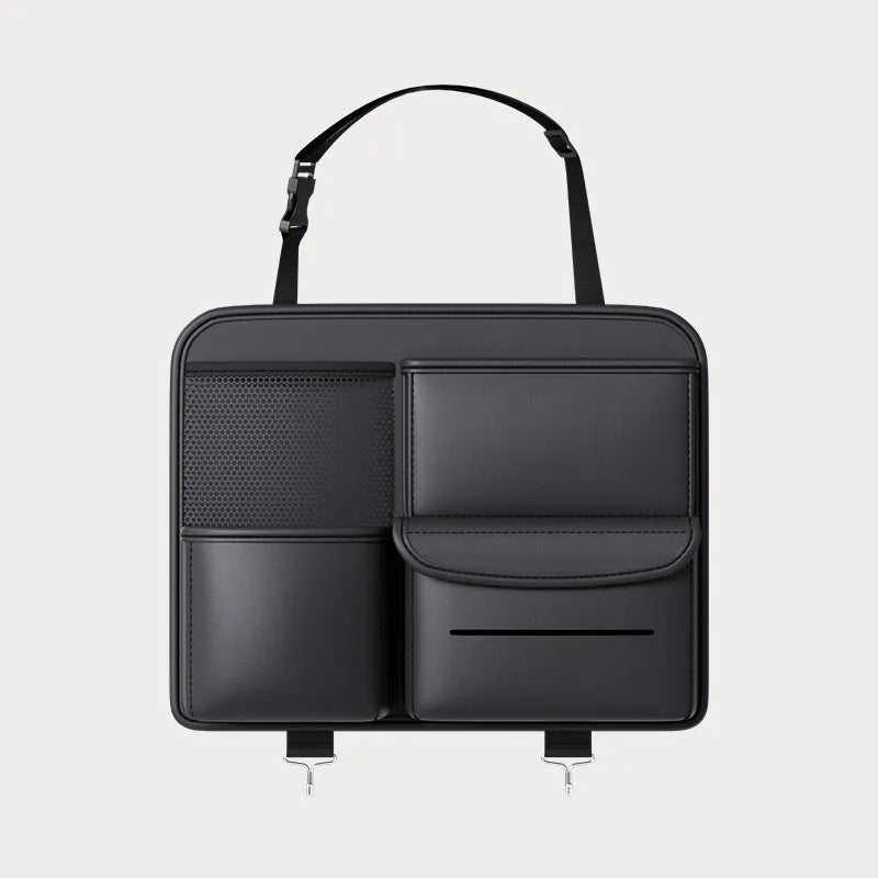 Black leather hanging storage bag for the back of a car seat