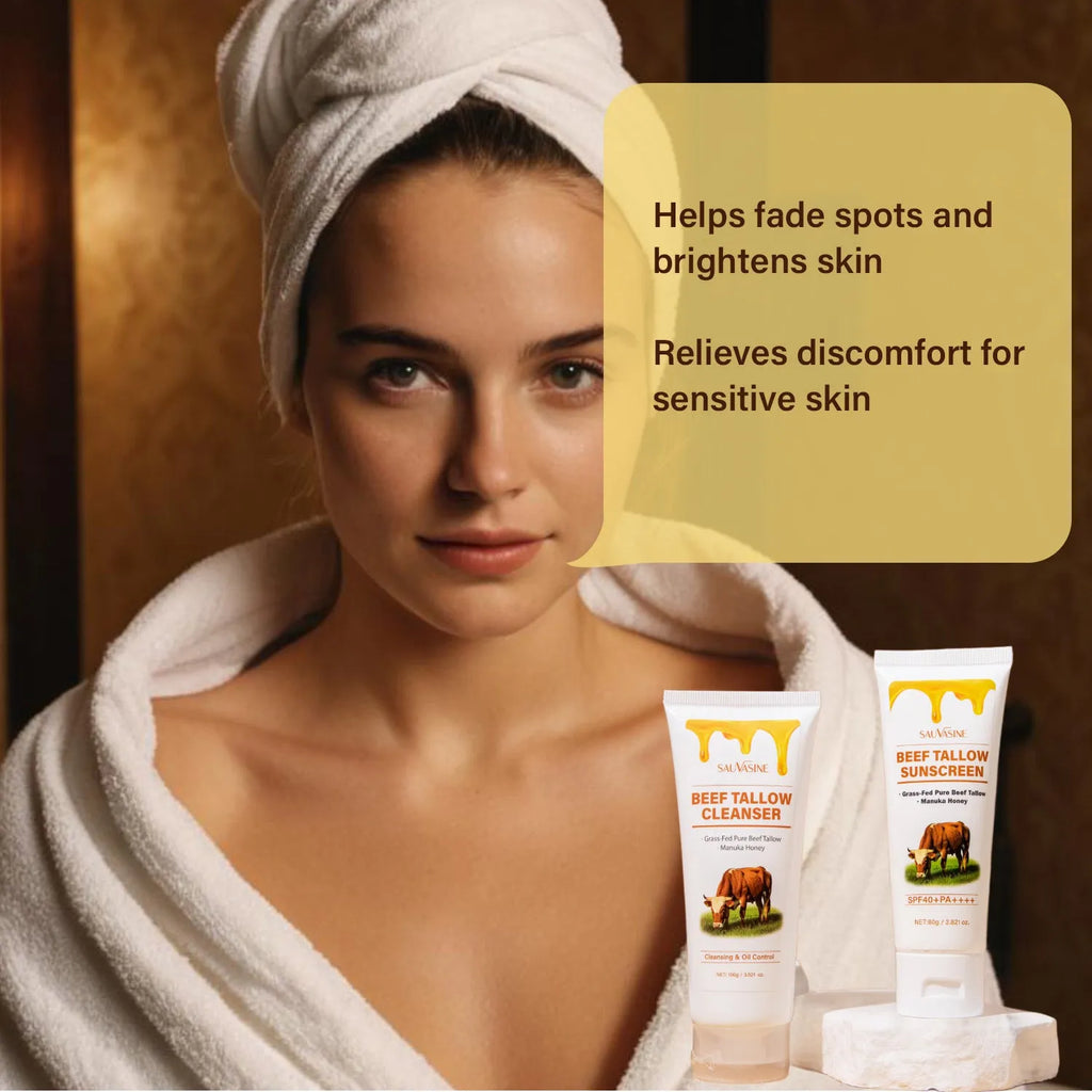 Seven-piece facial care kit with products for cleansing, moisturising, and protection