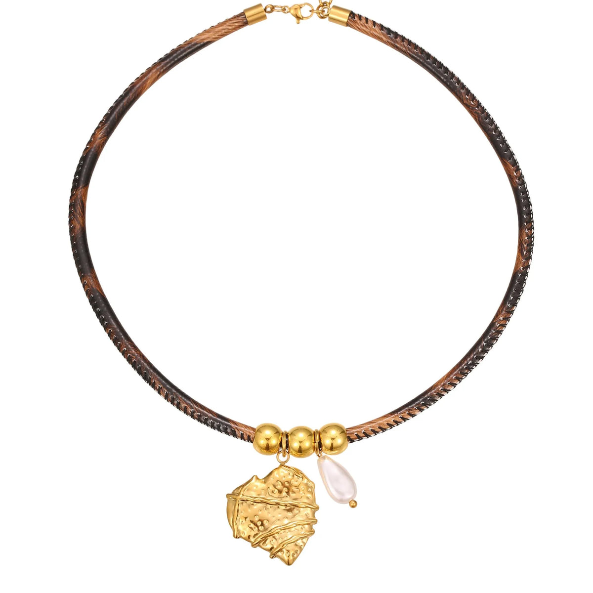 Leopard print geometric pendant on stainless steel necklace with gold-plated accents