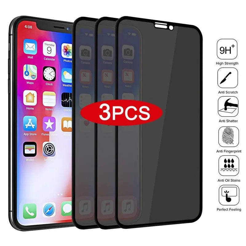 Black anti-peeping tempered glass screen protector for various iPhone models.