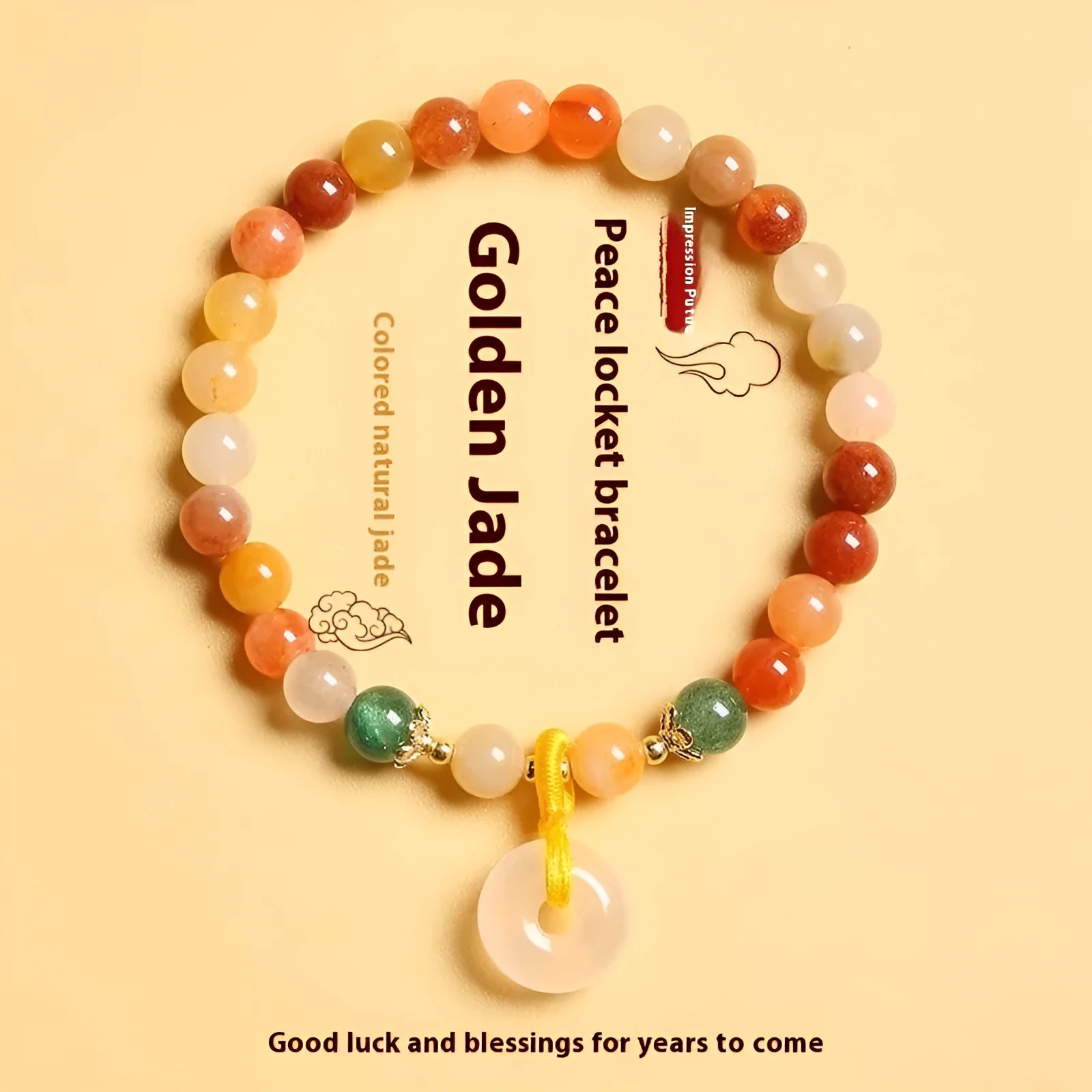 Natural Jinsi Jade safety buckle bracelet with emerald and red agate beads in Chinese-style handmade design