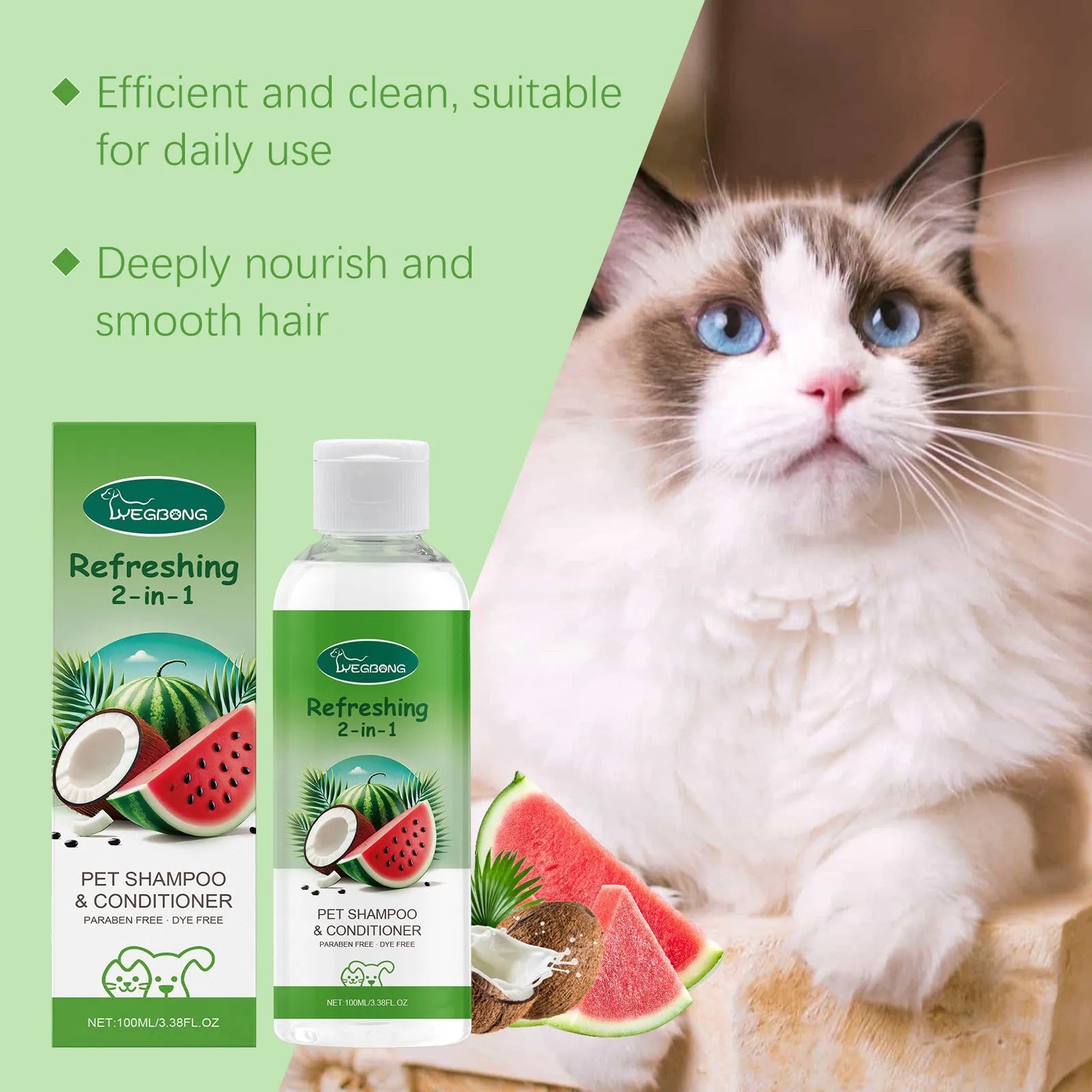100ml bottle of pet 2-in-1 shampoo and fragrance shower gel with watermelon and coconut extracts.