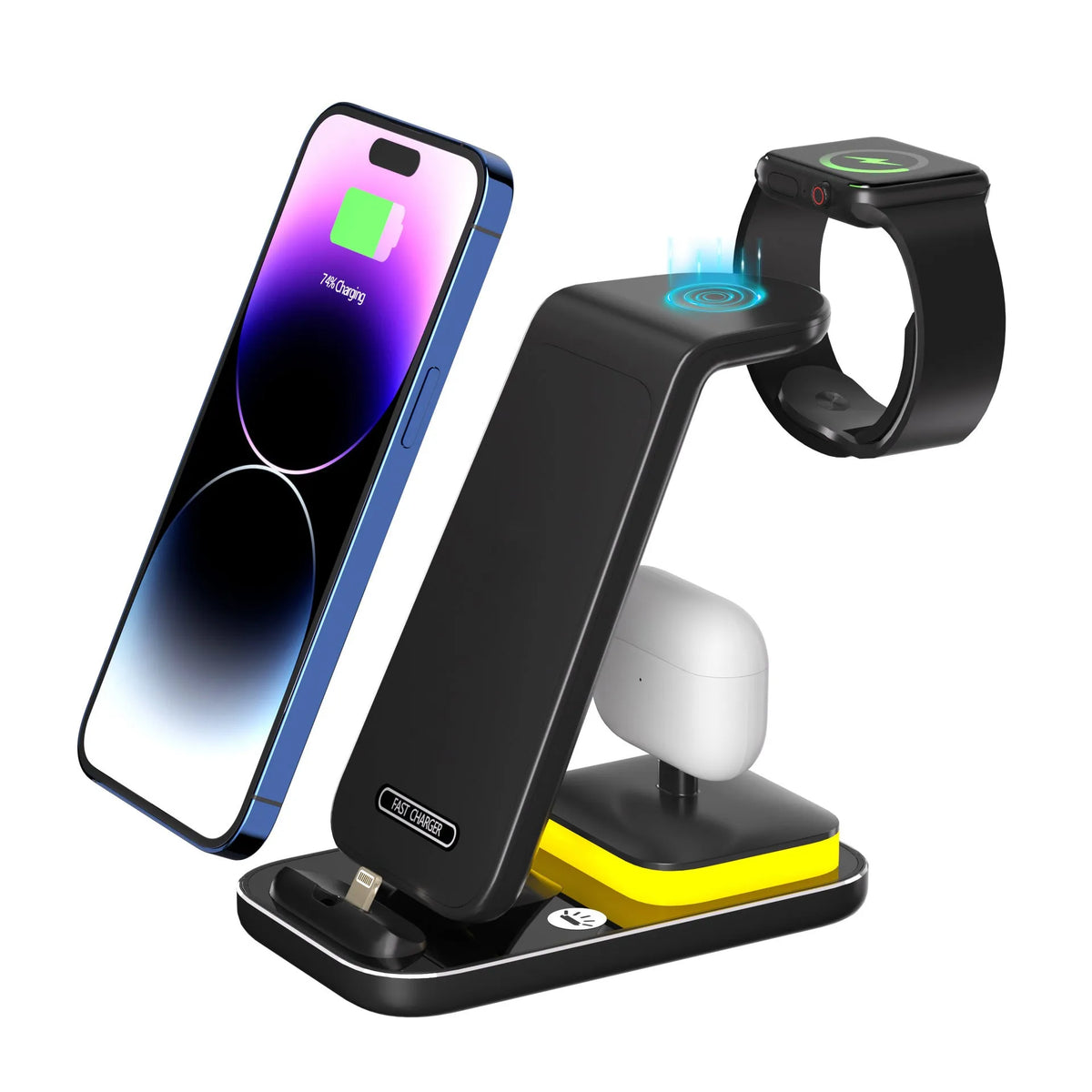 Black vertical wireless charging stand with phone in portrait mode and smartwatch charging simultaneously