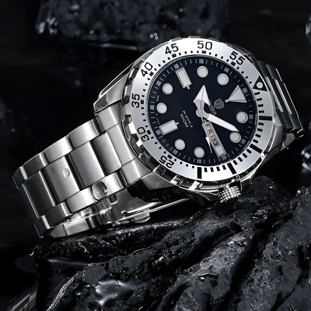 Men's waterproof luminous quartz movement business watch with steel strap in sports style