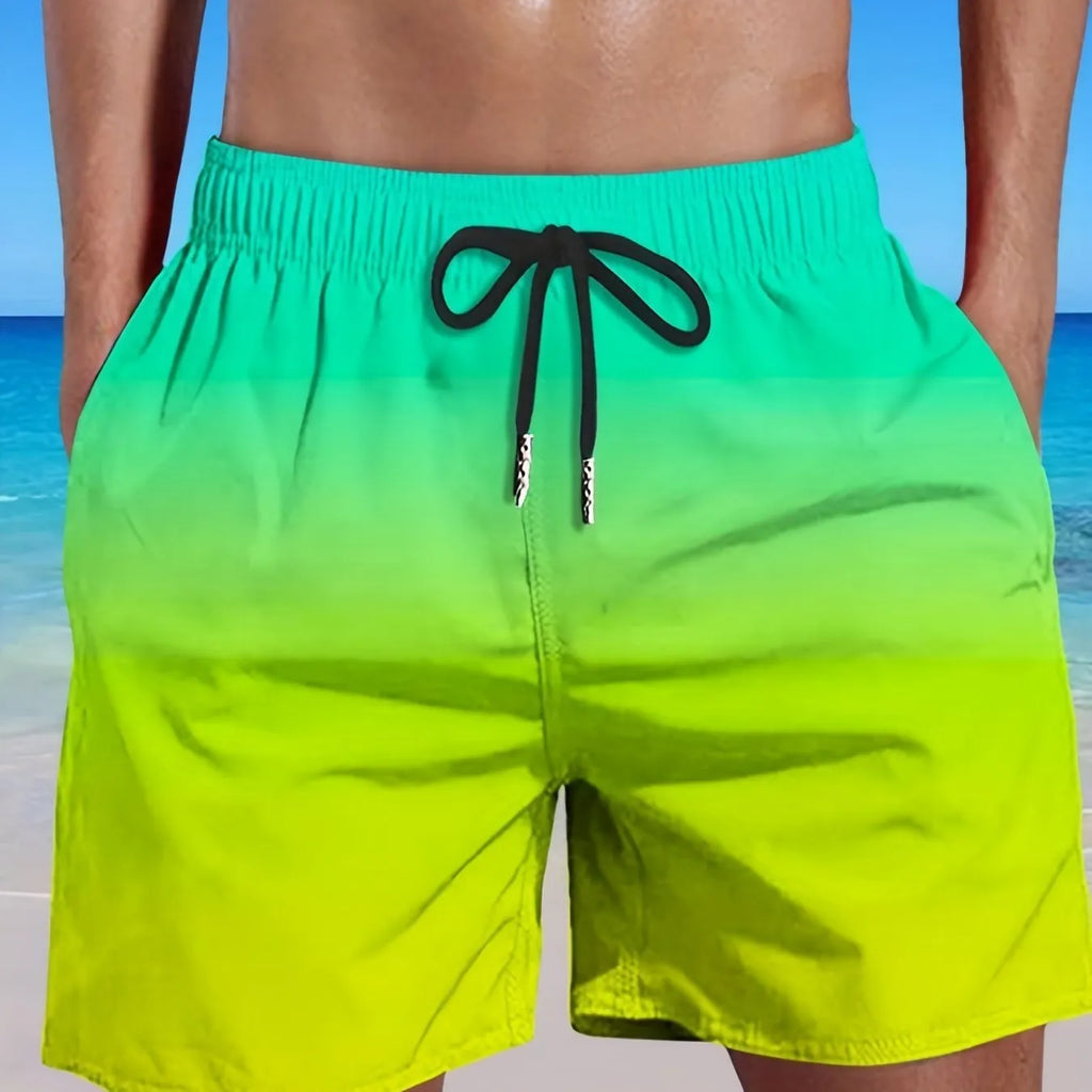 Men's grey gradient 3D printed mesh sports shorts on a white background.