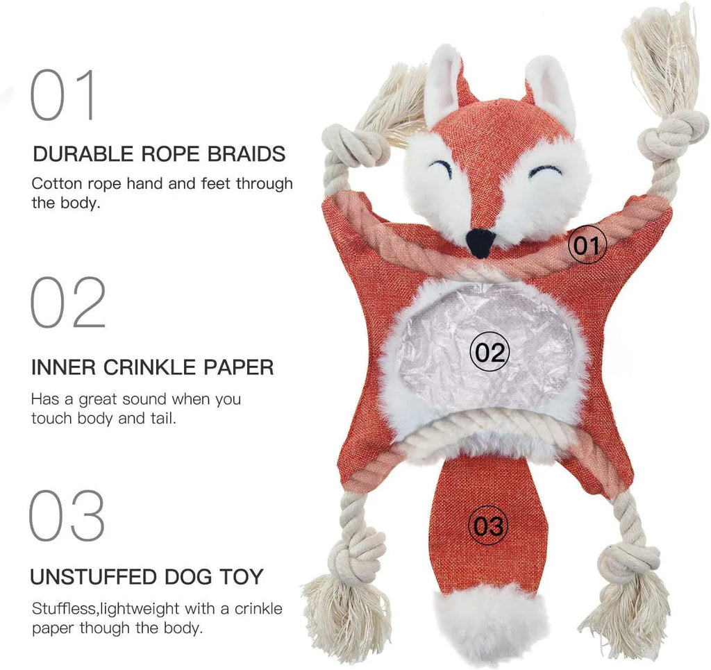 Brown plush fox dog toy with cotton rope limbs, embroidered eyes, and a squeaker in the head.