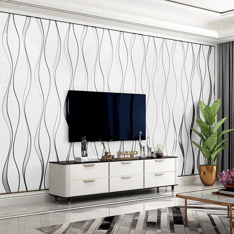 Close-up of dark brown curve stripe 3D velvet texture decorative wallpaper roll