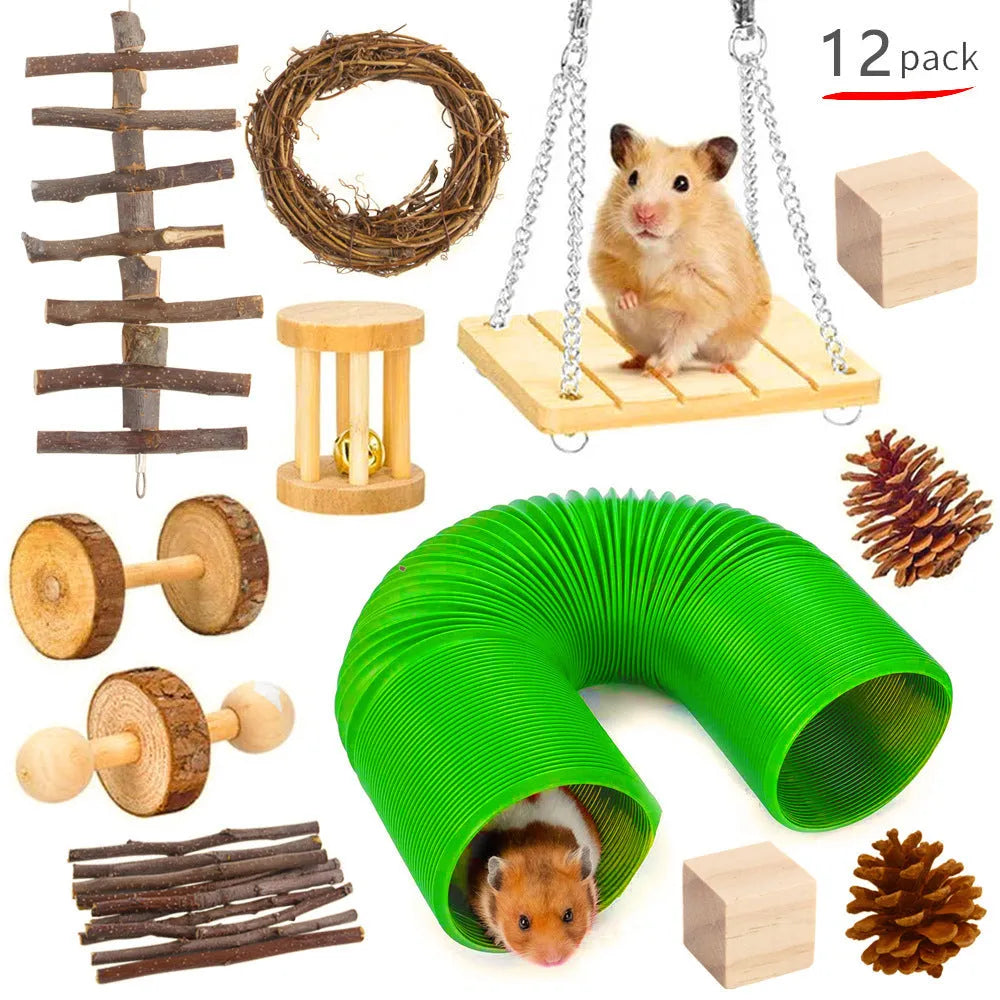 Assorted natural wooden and woven plant chew toys for rabbits, guinea pigs, and parrots on a straw mat.