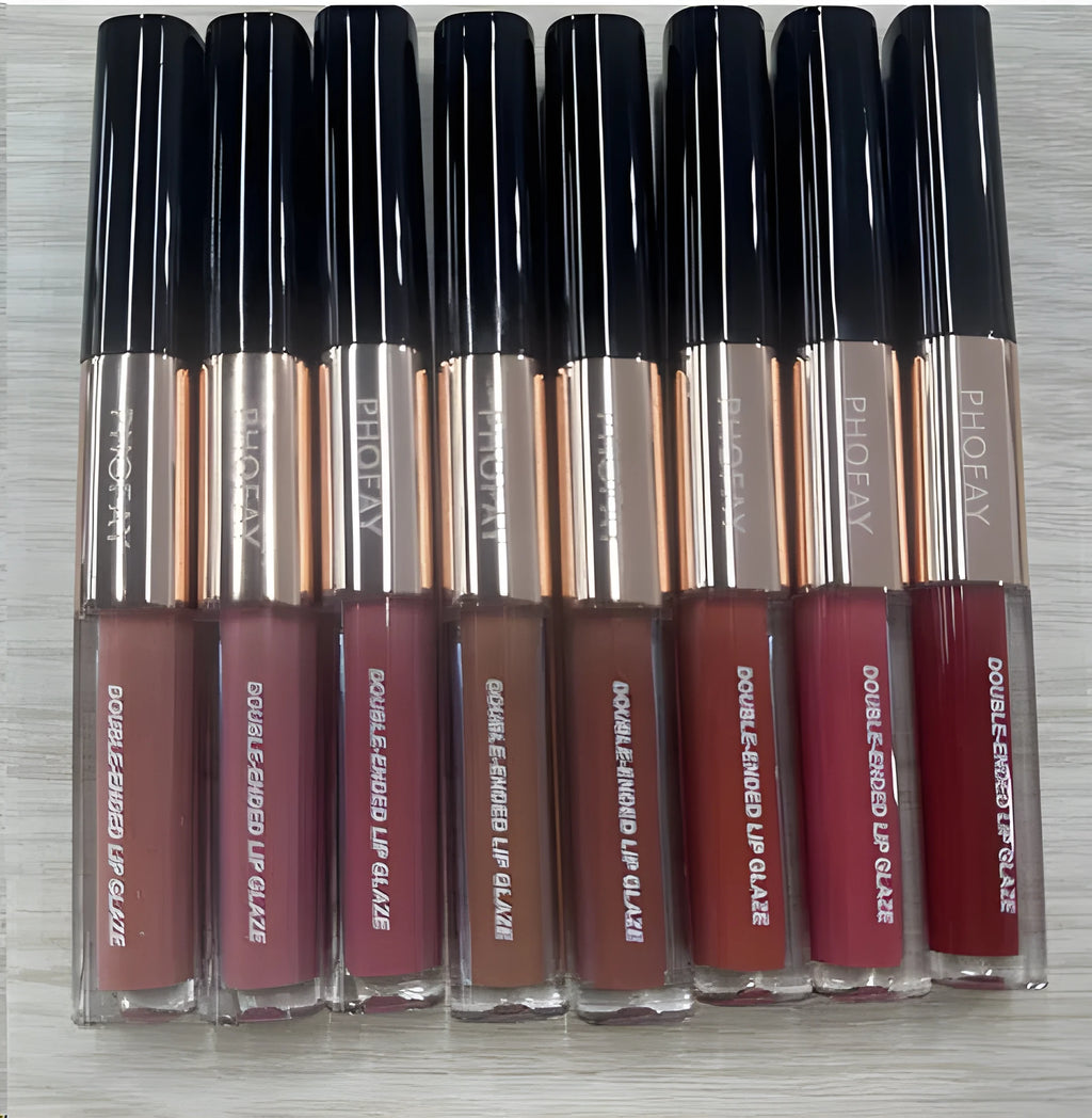 C-L021 double-head non-stick cup lip gloss showing two applicator tips and eight colour shade options