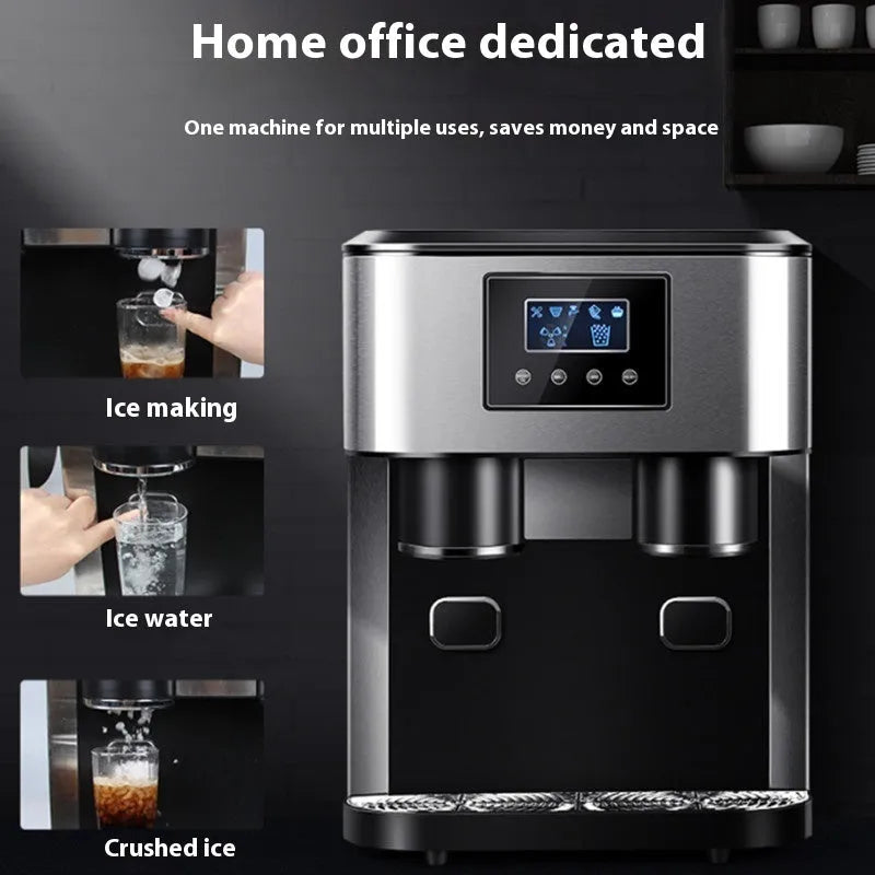 Black desktop ice making machine with stainless steel tank for ice crushing and cold water
