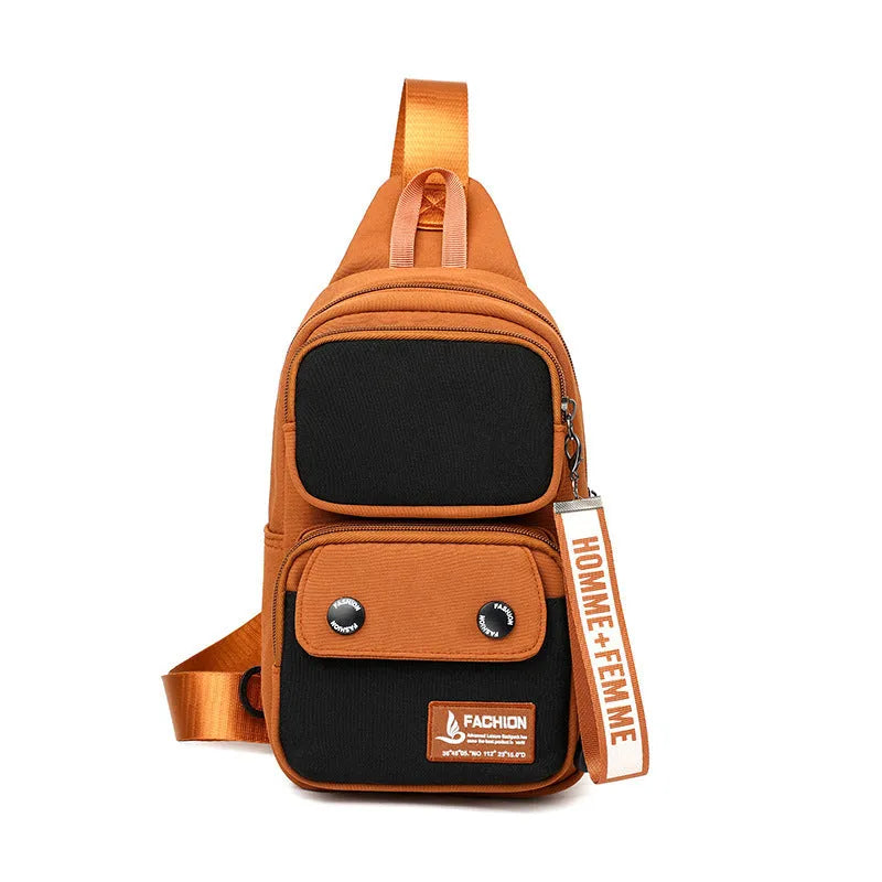 Outdoor nylon crossbody shoulder bag with letter pattern in black, beige contrast, or light brown contrast colour.