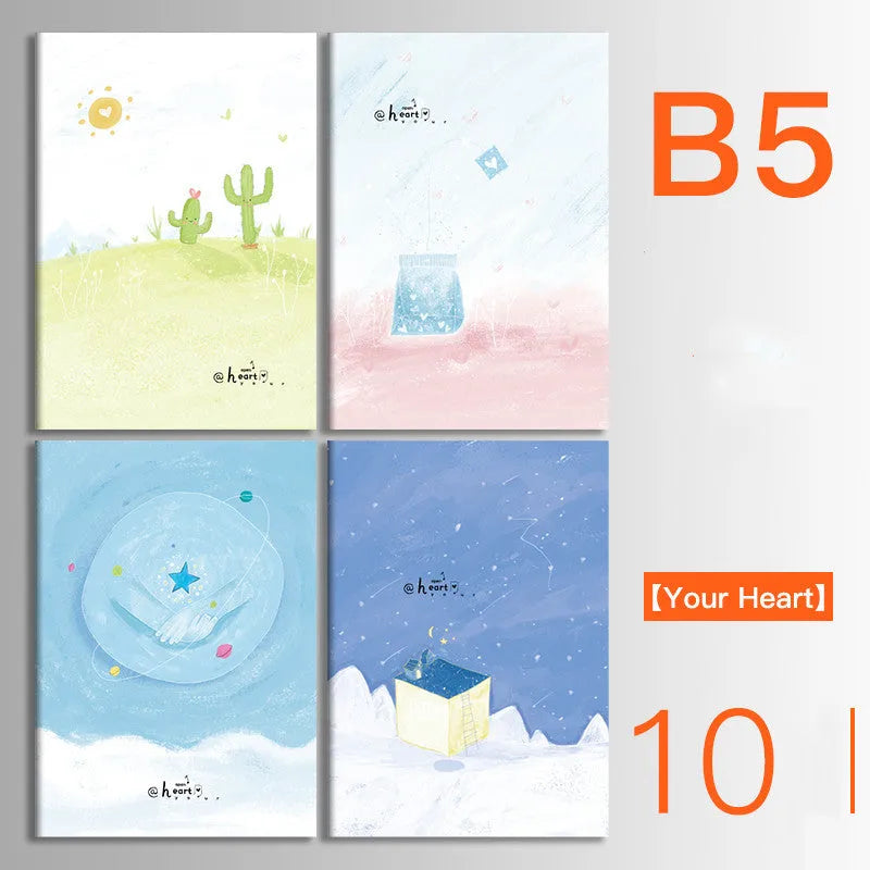 Ten soft cover kraft paper notebooks with thread binding in A5 and B5 sizes showing multiple design styles