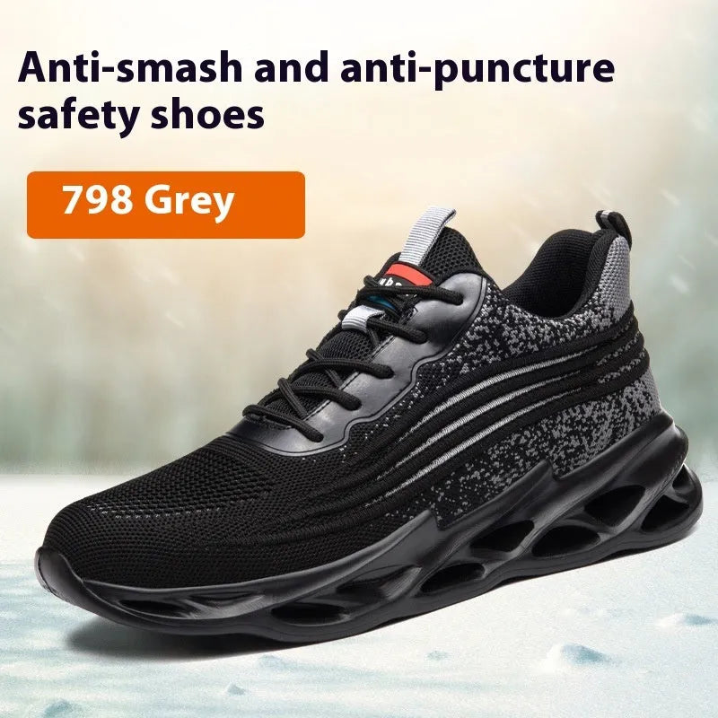 Brown leather labour protection safety shoes with rubber sole on a work floor.