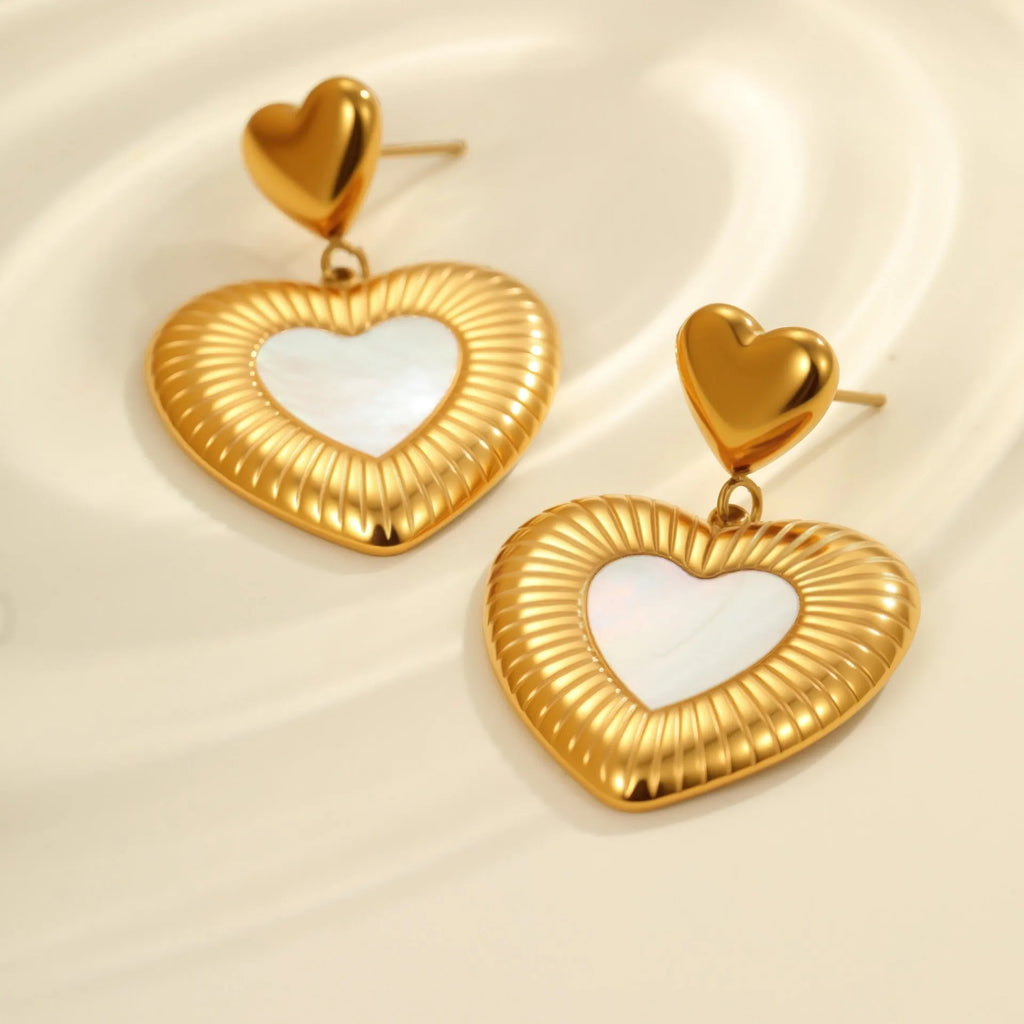 Gold electroplated heart-shaped stainless steel earrings for women with love-themed design
