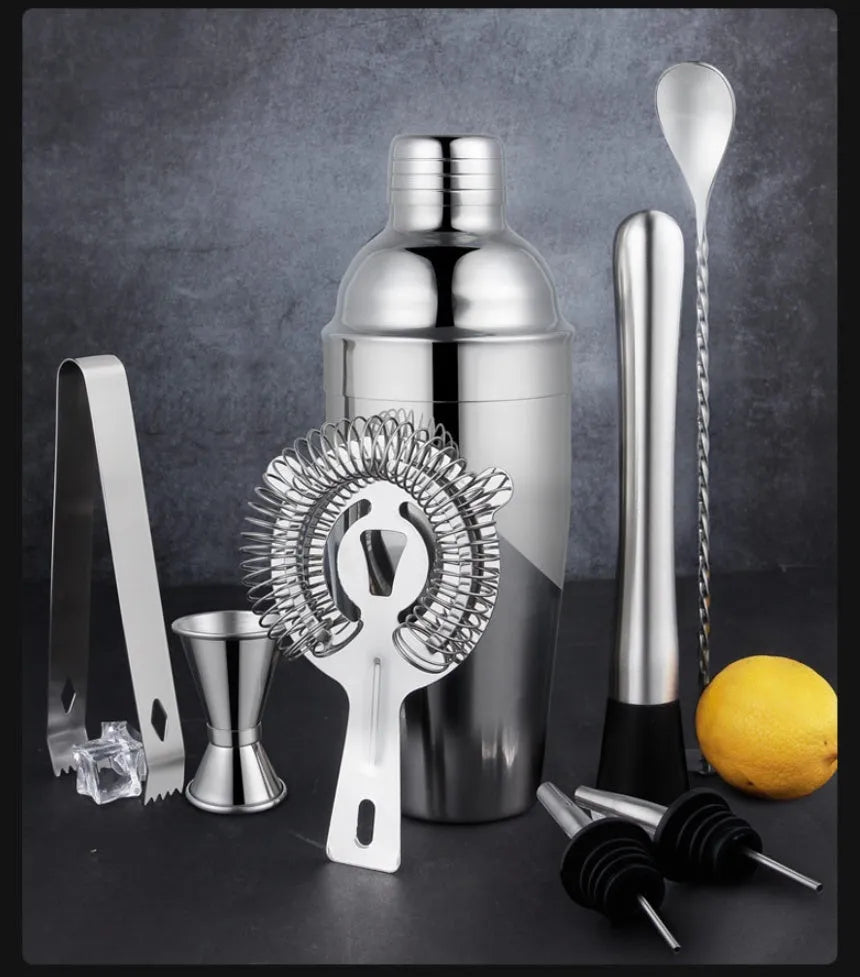 23-piece stainless steel cocktail set with European style finish including shaker, strainer, jigger, spoon and ice tongs