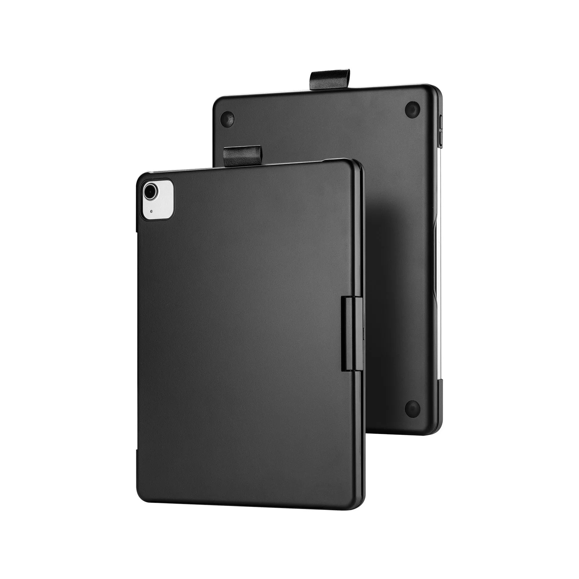 Miaocontrol rotating Bluetooth keyboard attached to iPad showing 360-degree hinge adjustment with touch keys