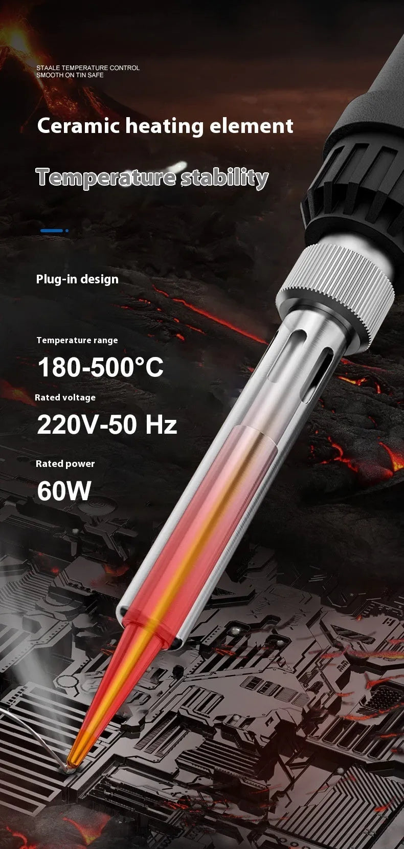 Grey 90W electric soldering iron with ceramic heating core, UK/US plug, sponge, holder, and five tips.