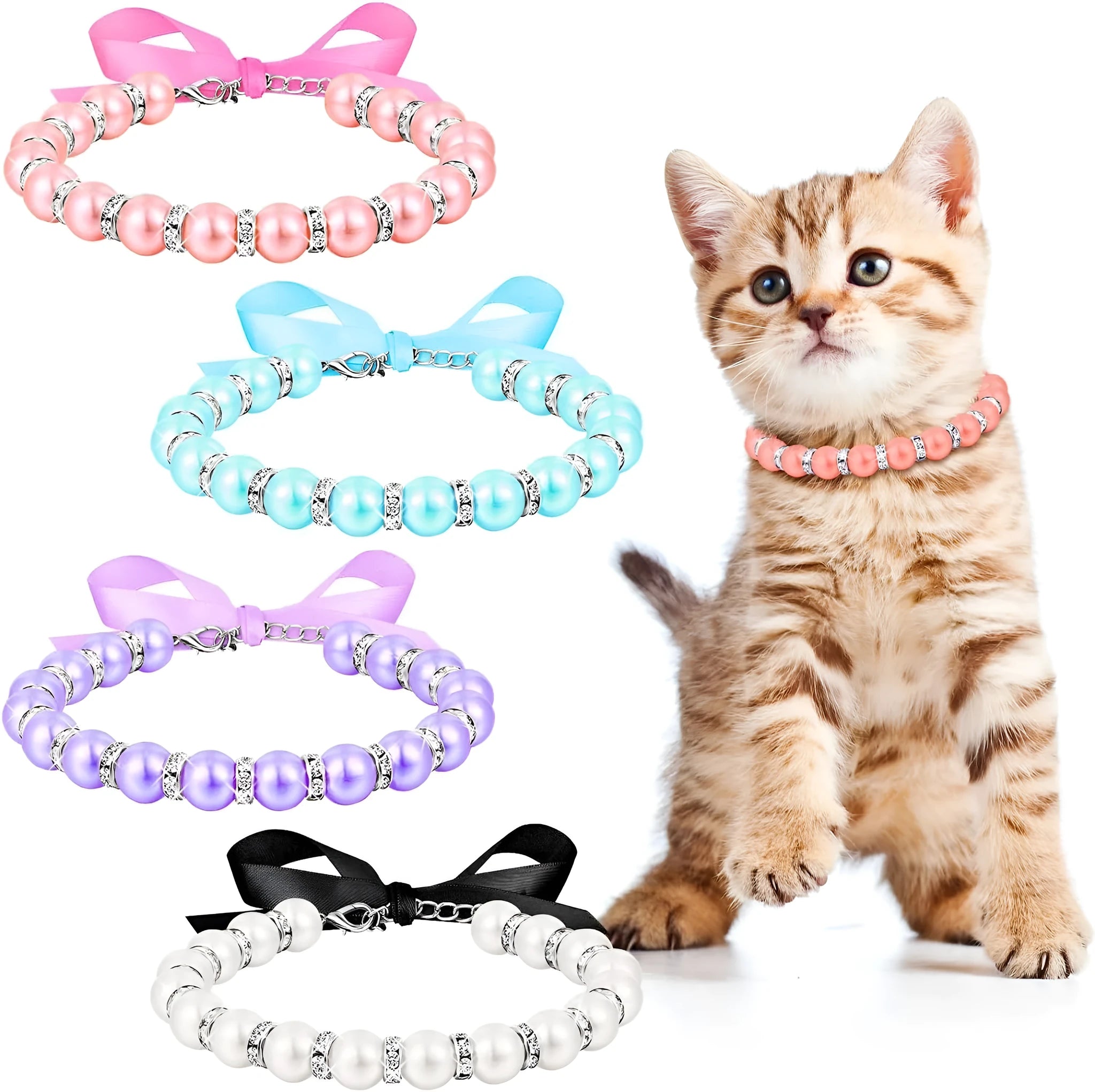 Small dog wearing an adjustable blue pearl and rhinestone necklace with a ribbon bow on a soft ribbon.