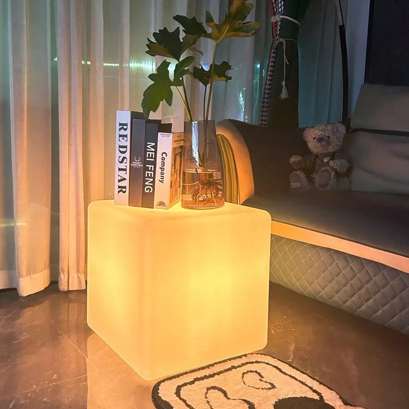 Square LED waterproof cube stool light in modern design with solar and rechargeable power options