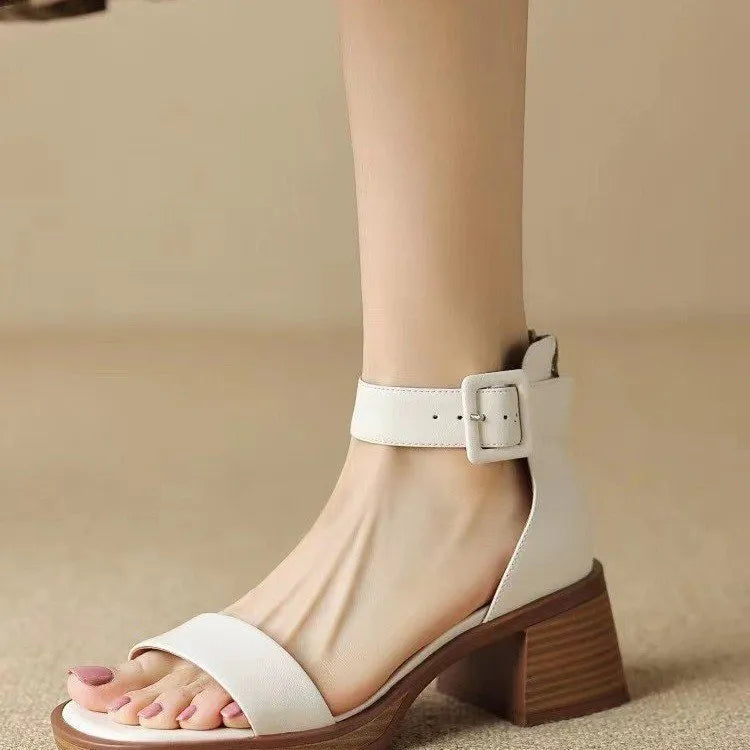 Women's white retro ankle-strap platform high heels with round toe and adjustable buckle