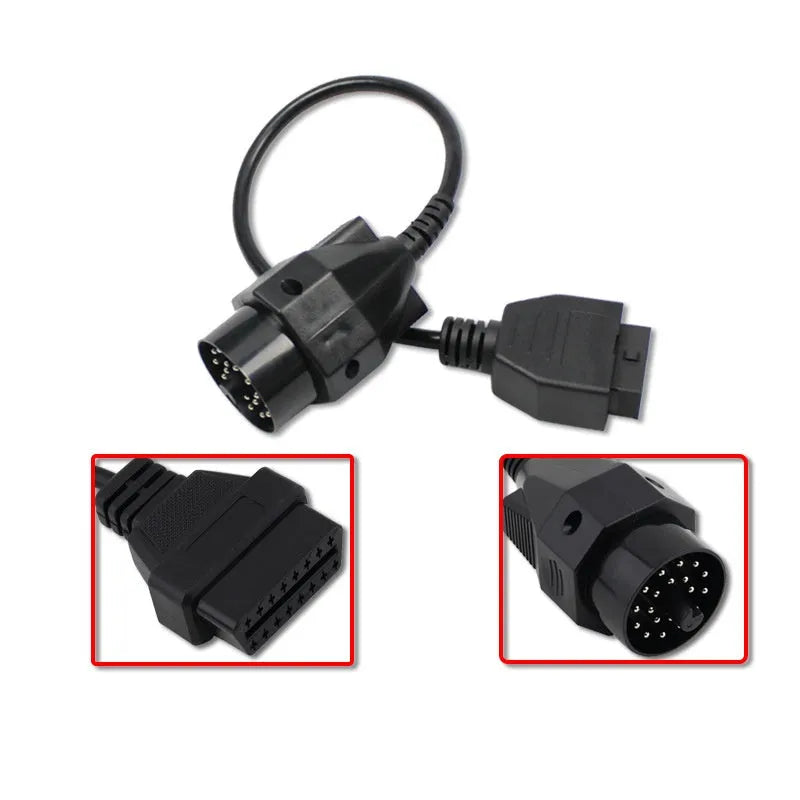 BMW OBD2 diagnostic adapter cable showing 20-pin plug and standard 16-pin female socket