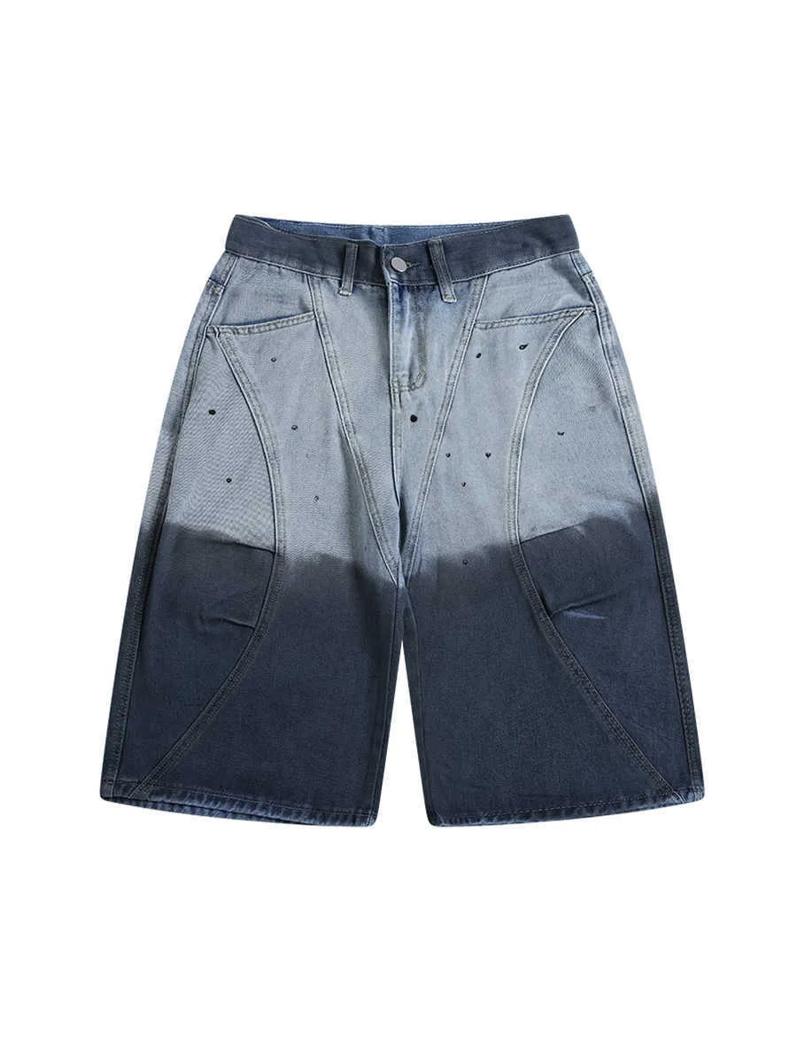 Blue tie-dye gradient cropped jeans with washed-out appearance and loose fit