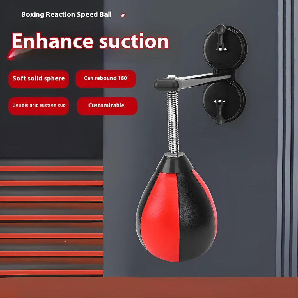 Pear-shaped inflatable boxing ball with red and black colour scheme mounted via double suction cups